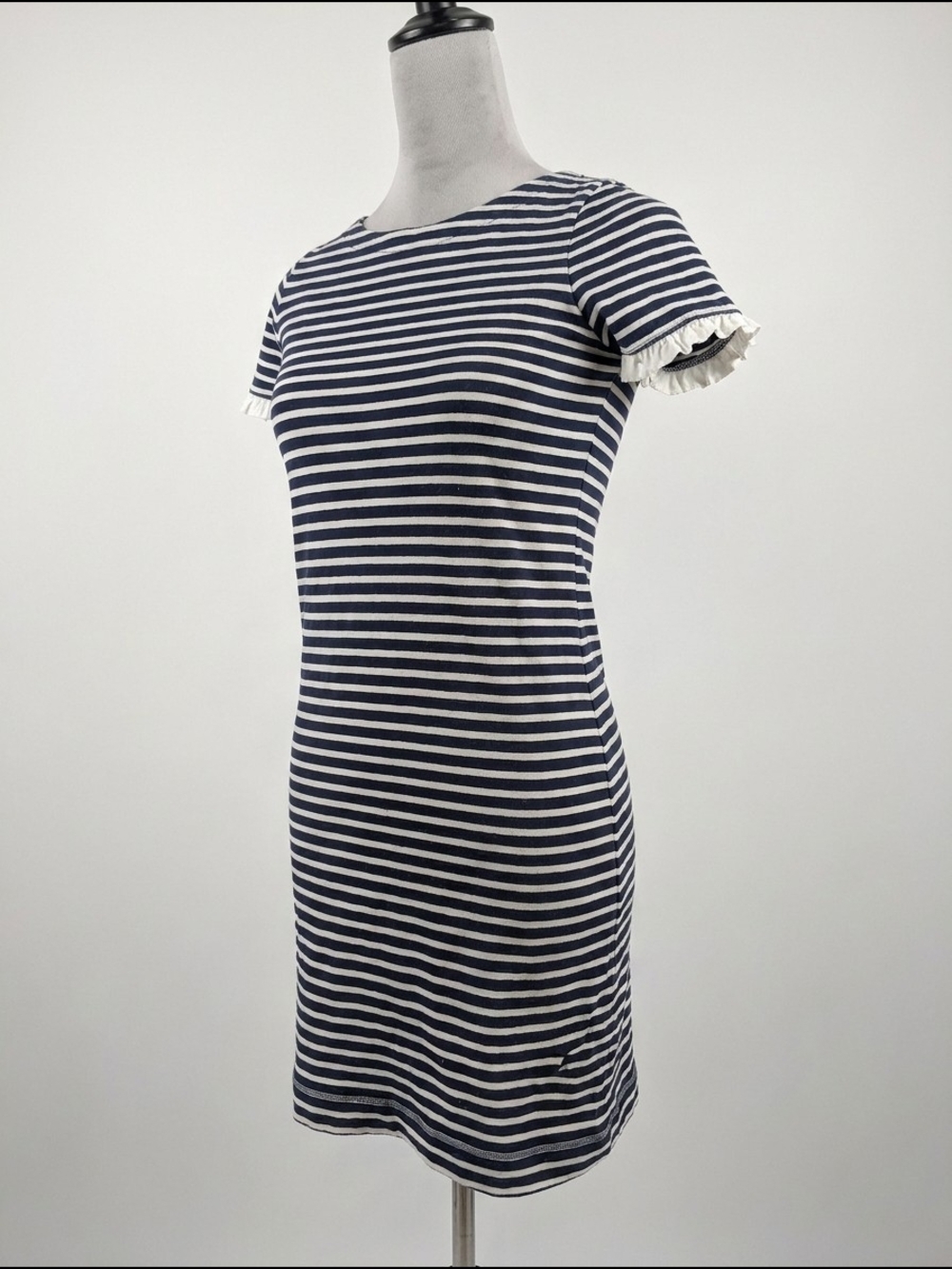 J. Crew Navy and White Striped Ruffle Sleeve Mini Dress - Picture 1 of 6